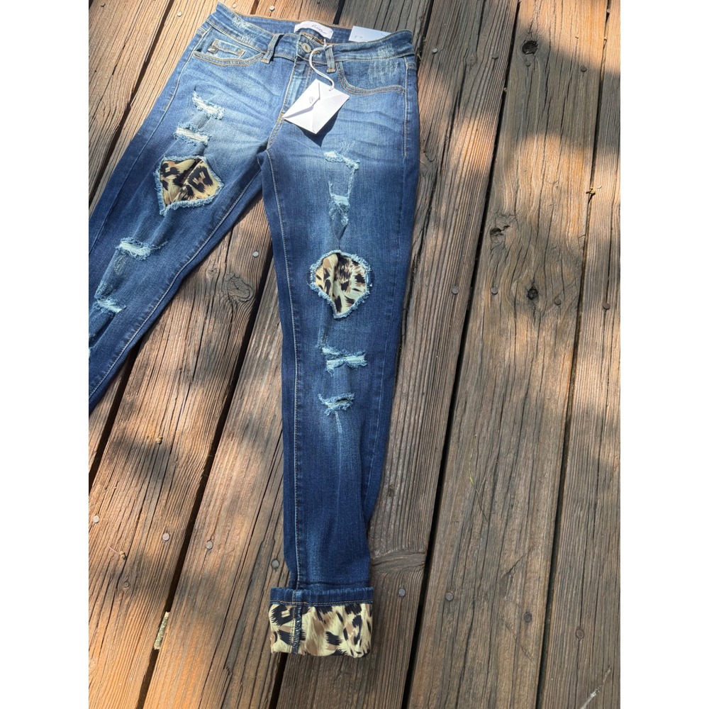 KanCan Safari Soul Skinny Jeans Distressed Leopard Print Patch Dark Wash 7/27 - Picture 10 of 10